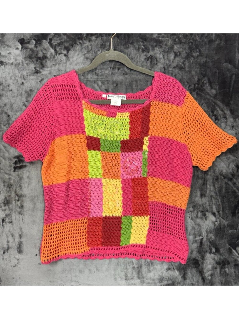Nancy Bolen City Girl L Crochet Patchwork Sequin Open Knit Boho Colorful Shirt